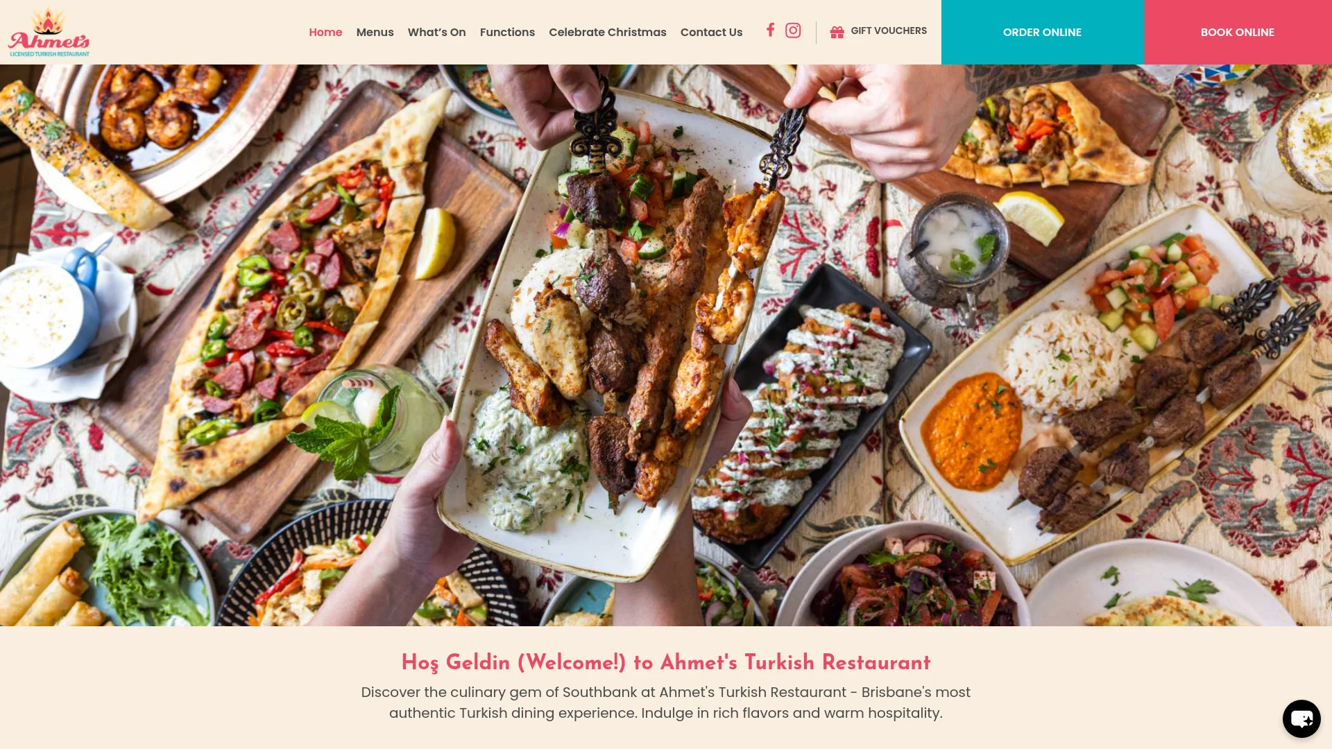 Desktop screenshot of Ahmet's Licensed Turkish Restaurant website showing Turkish food and restaurant navigation