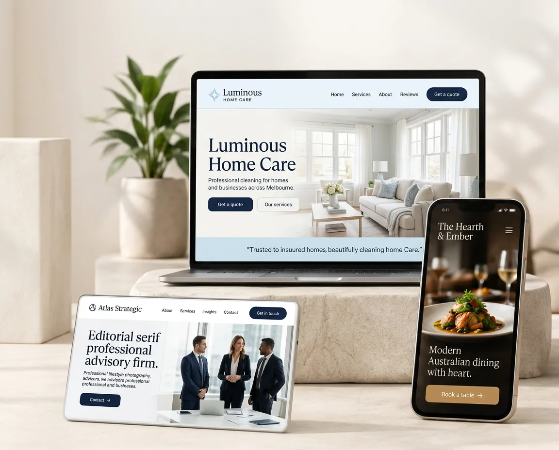 Fictional cleaning, professional advisory and hospitality websites displayed on a laptop, tablet and phone