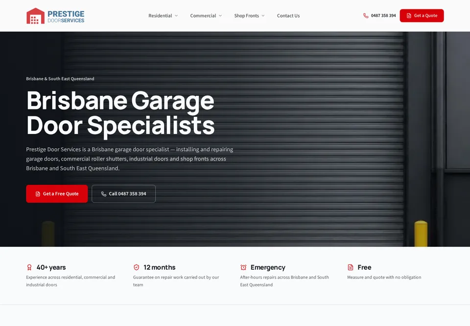 Desktop screenshot of the Prestige Door Services website showing garage door services and quote links